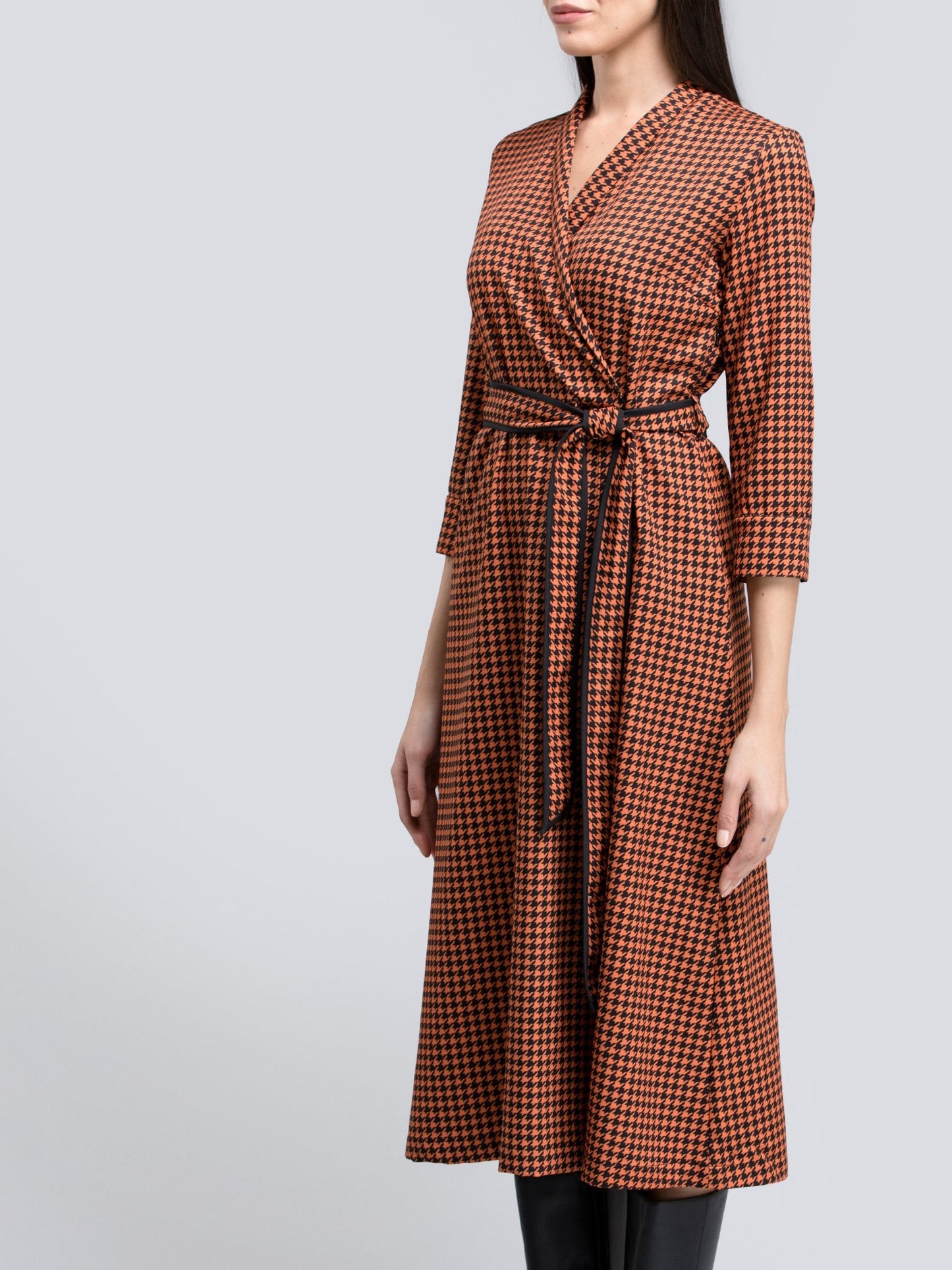 Houndstooth Print Faux Wrap Dress - Orange and Black