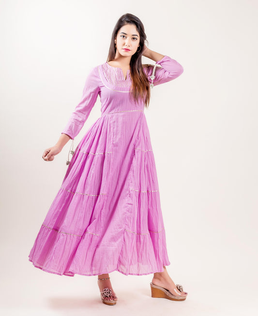 Quarter Sleeved Cotton Pink Tiered Full Length Dress