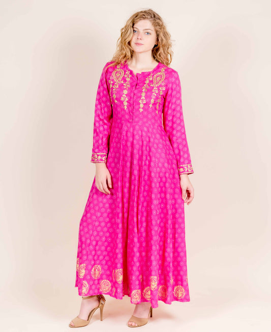 Full Sleeves Fuchsia Flared Hand Block Printed Rayon Dress