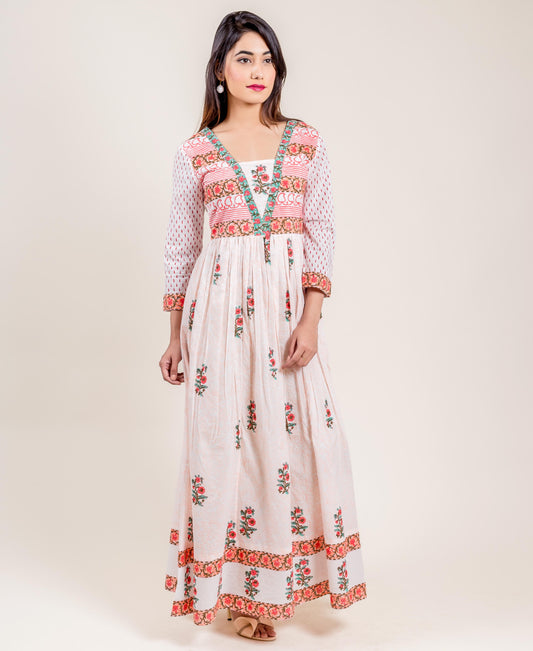 White And Pink Cotton Placement Printed Long Dress