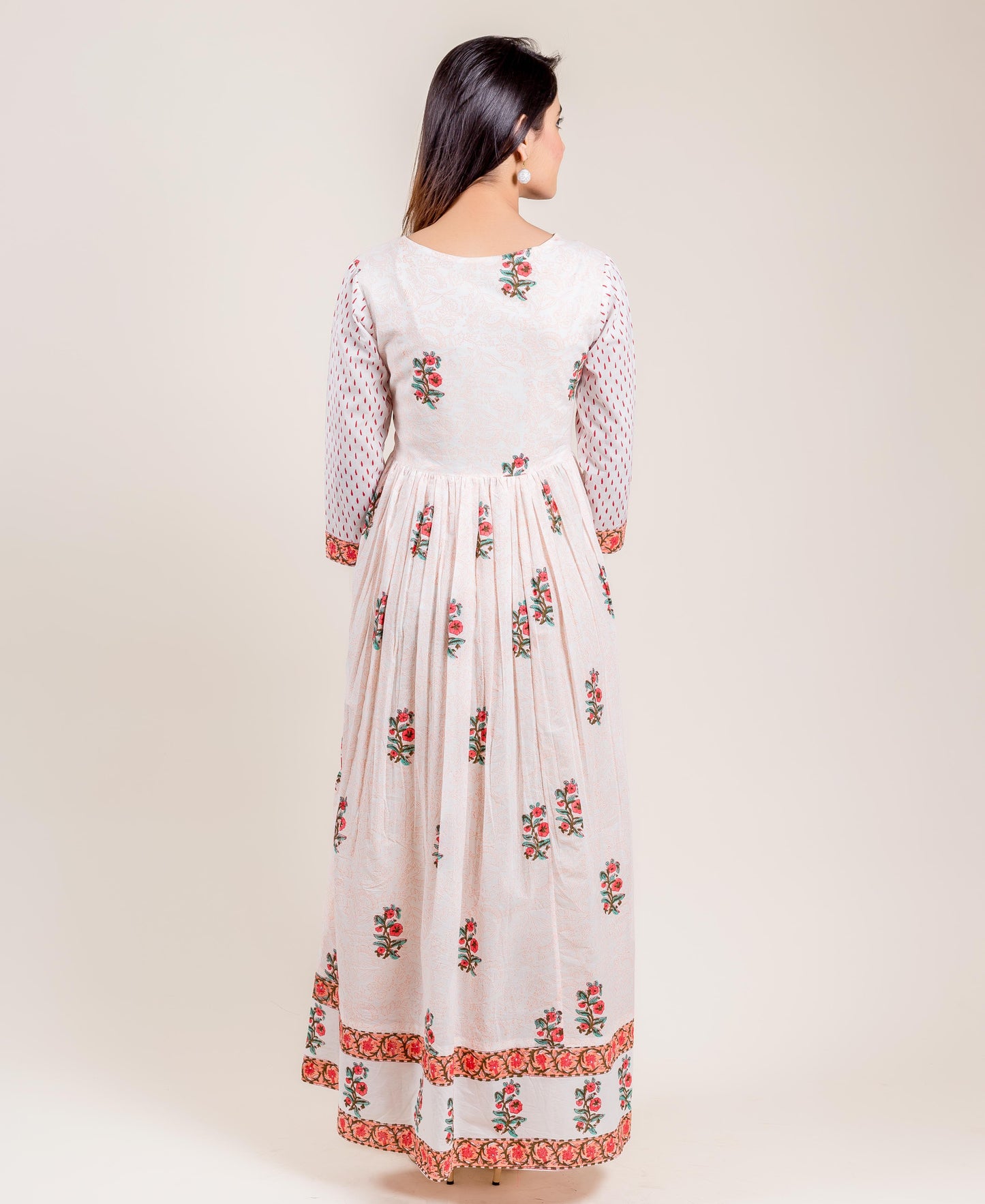 White And Pink Cotton Placement Printed Long Dress