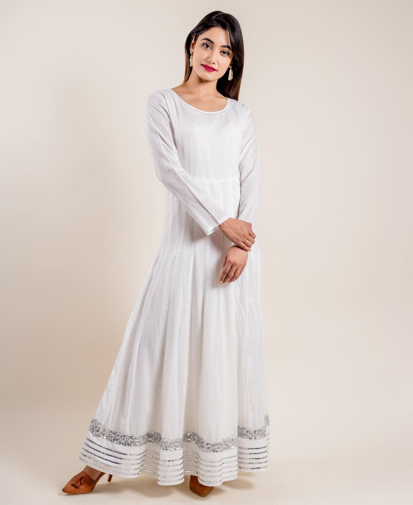 White Indo Western Dress with Peach Chanderi Jacket
