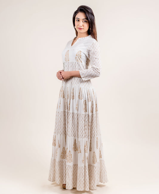 V- Neck Gold Block Print Princess Cut Anarkali Style Gown Dress