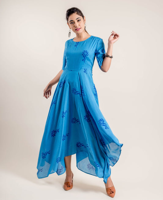 Blue Asymmetrical Block Printed Indo Western Dress