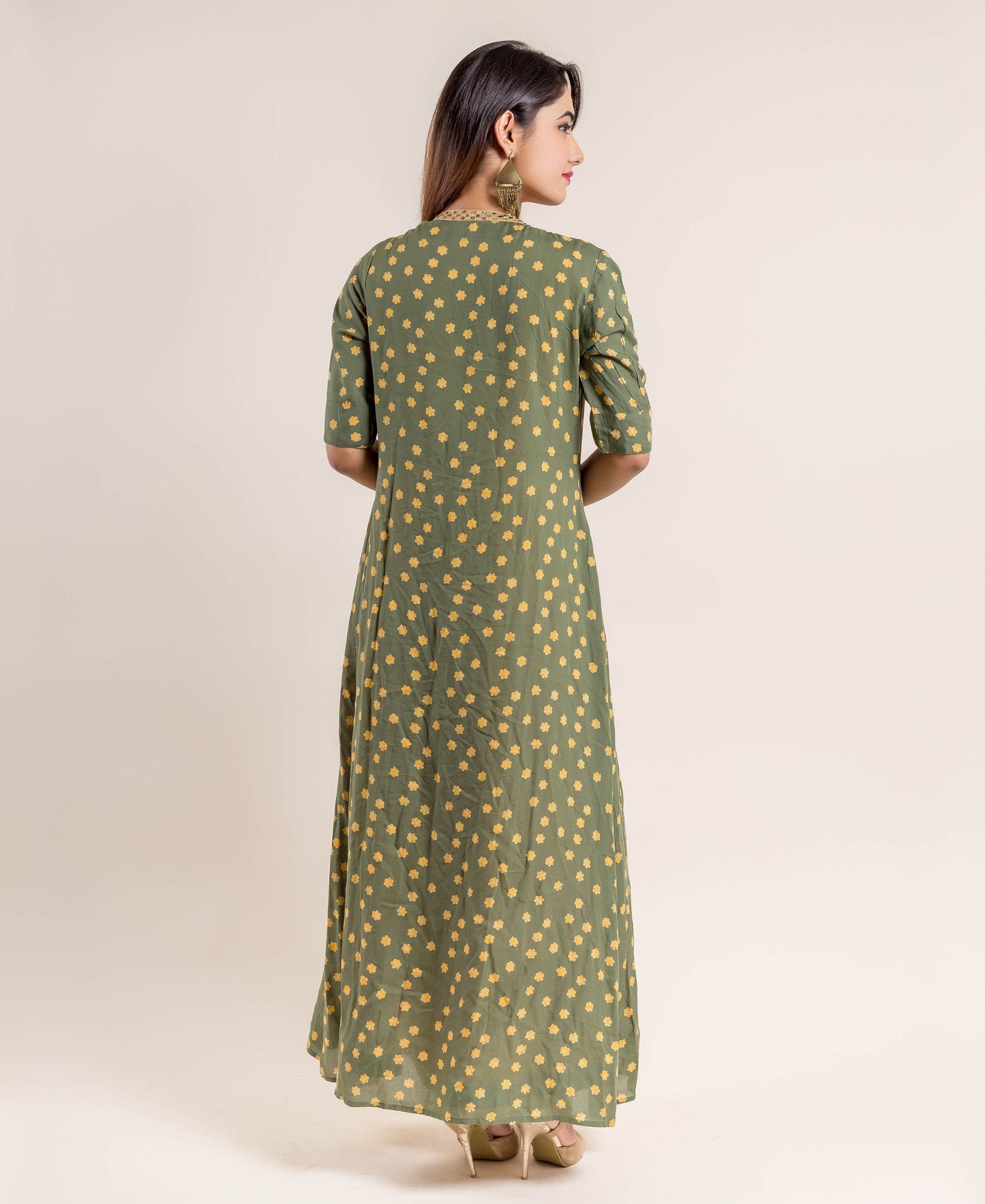 Green and Yellow Hand Block Printed Indo Western Jacket Dress