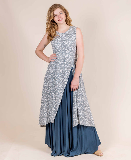 Indigo Blue and White Hand Block Printed Indo Western Dress
