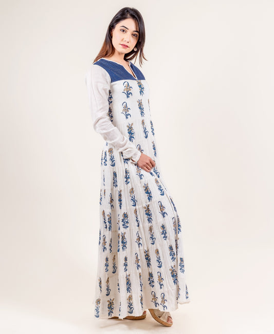 White / Blue Floral Indo Western Dress / Evening Gown