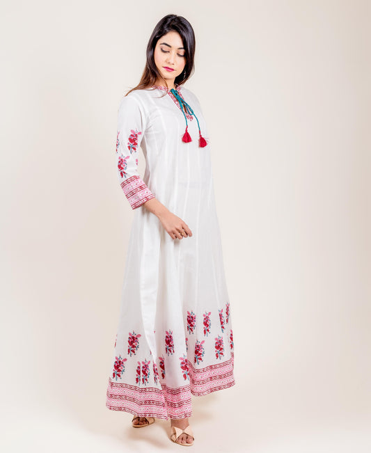 Tasseled Cotton White And Pink Long Dress