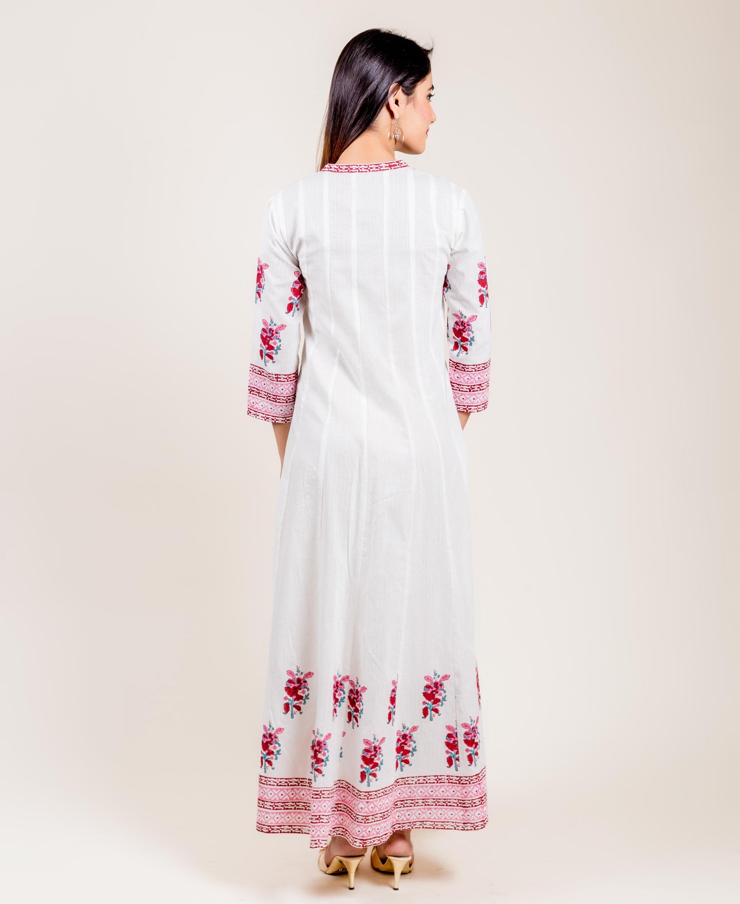 Tasseled Cotton White And Pink Long Dress