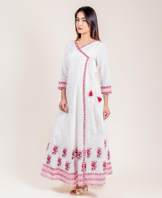 Tasseled White Printed Cotton Angrakha Long Dress
