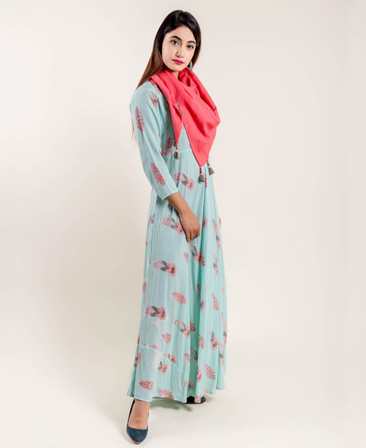 Aqua Pink Flared Floor Length Indo Western Maxi Dress Tasseled Scarf