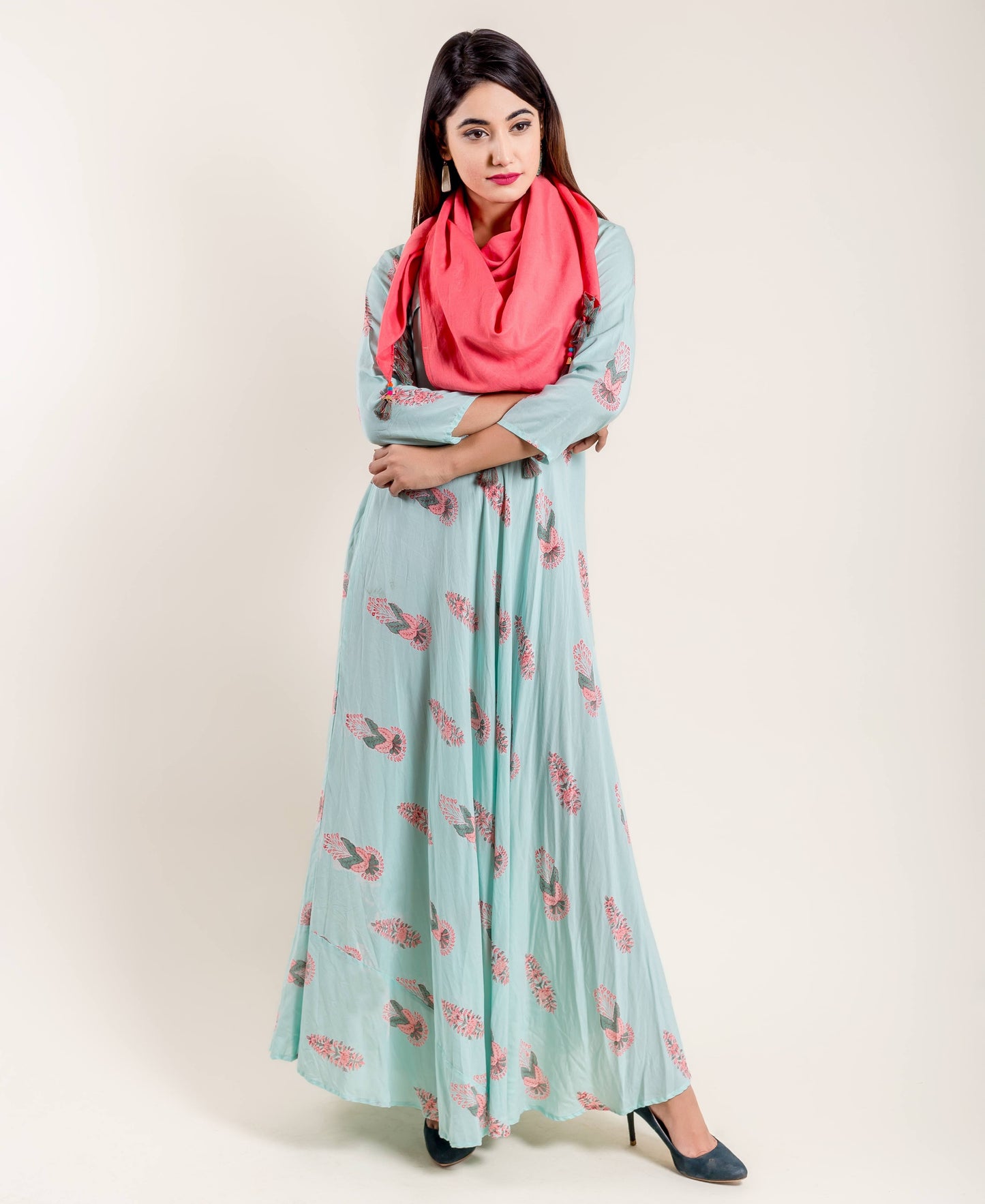 Aqua Pink Flared Floor Length Indo Western Maxi Dress Tasseled Scarf