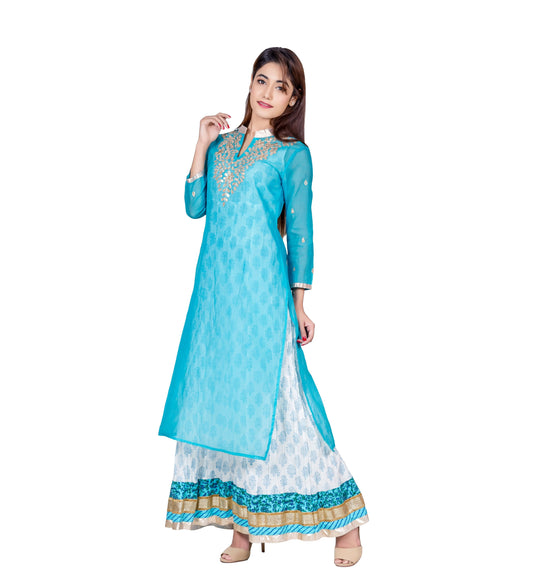 Turquoise Hand Block Printed Floor Length Indo Western Kurta Dress