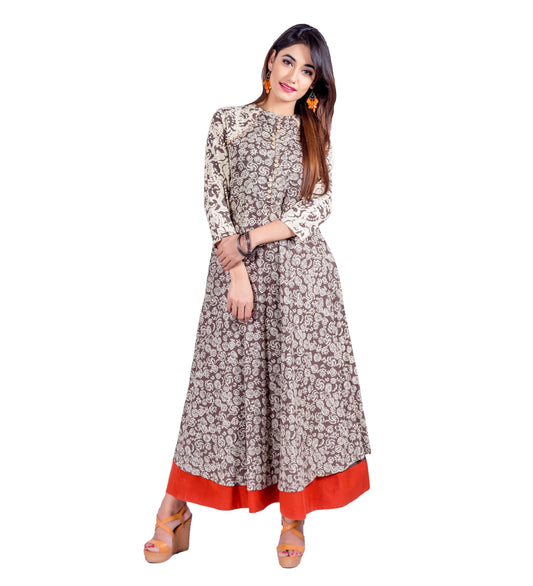 Beige Hand Block Printed Dress with Rust Border