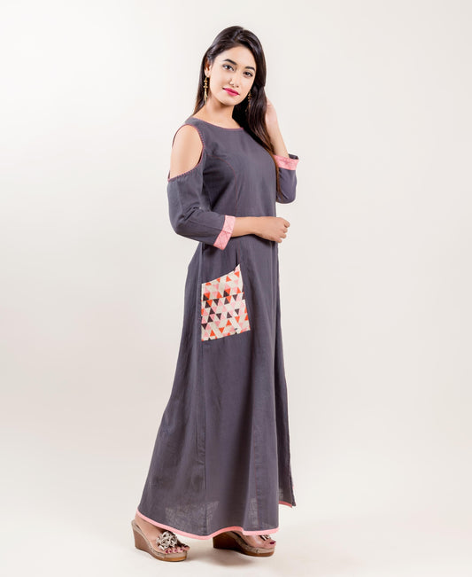 Embroidered Cotton Cold Shoulder Long Gown Dress