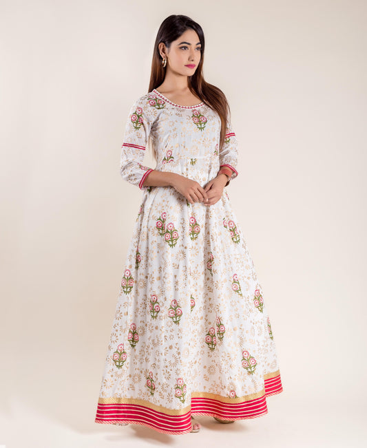 White Hand Block Printed Floor Length Flared Princess Gown