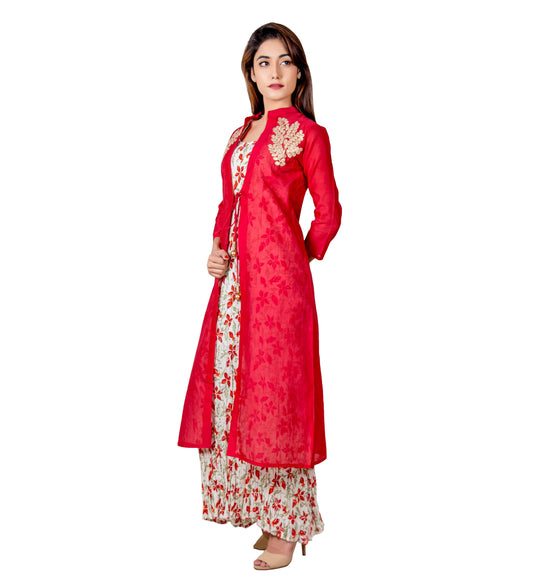 Off-White and Red Indo Western Style Long Kurta with Chanderi Jacket