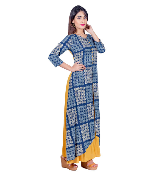 C- Cut Long Indo Western Dress With Solid Yellow Inner