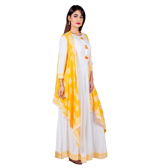 Yellow / White Indo Western Maxi Dress with Waterfall Shrug