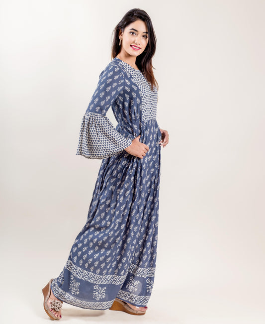 Modal Long Bell Sleeved Indo Western Dress In Blue And Grey