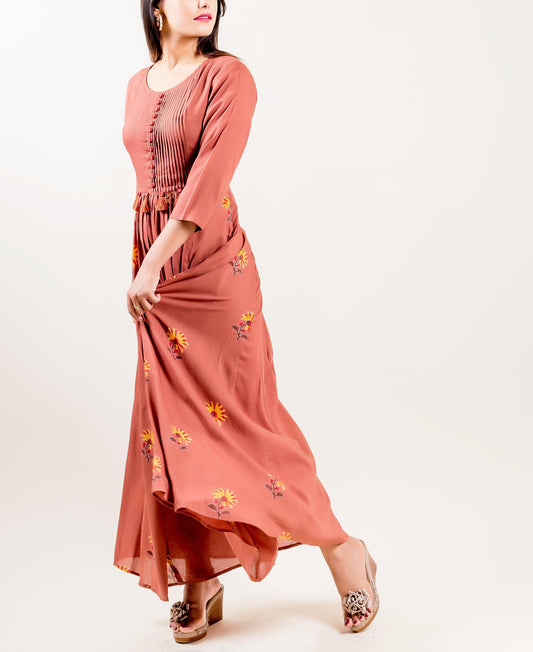 Modal Tasseled Hand Block Printed Indo Western Dress
