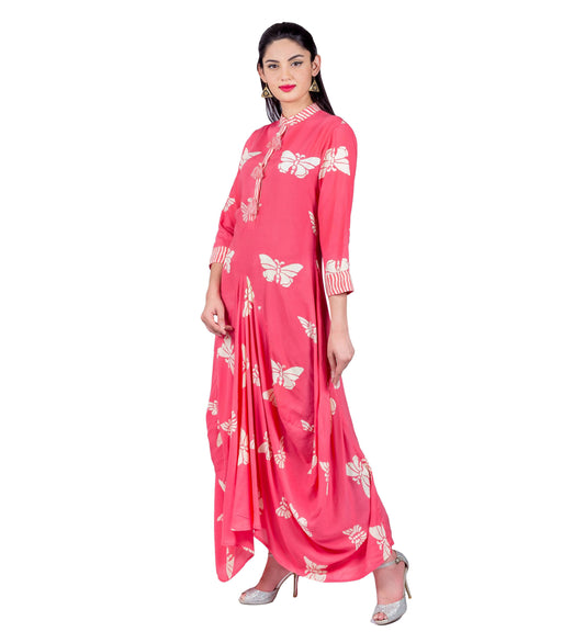 Pink Hand Block Print Indo Western Dress with Front Tassels