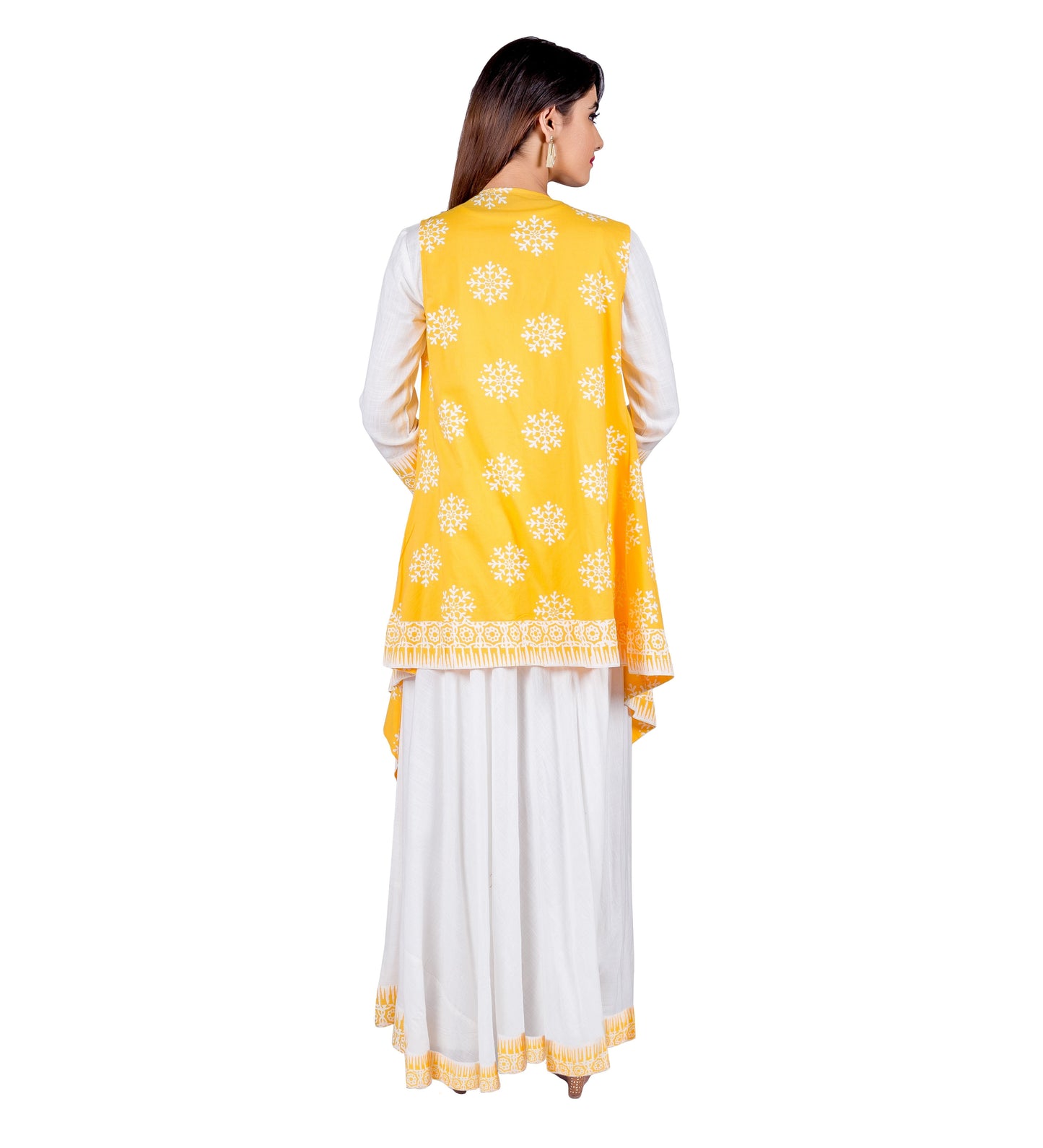 Yellow / White Indo Western Maxi Dress with Waterfall Shrug