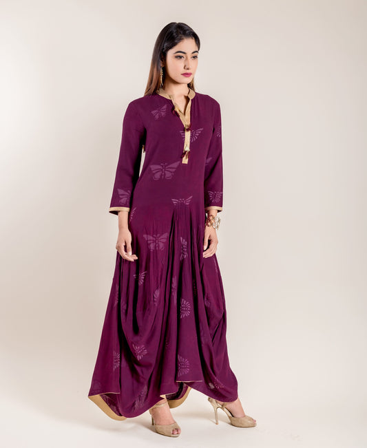 Pleated Hand Block Printed Modal Indo Western Dress In Purple