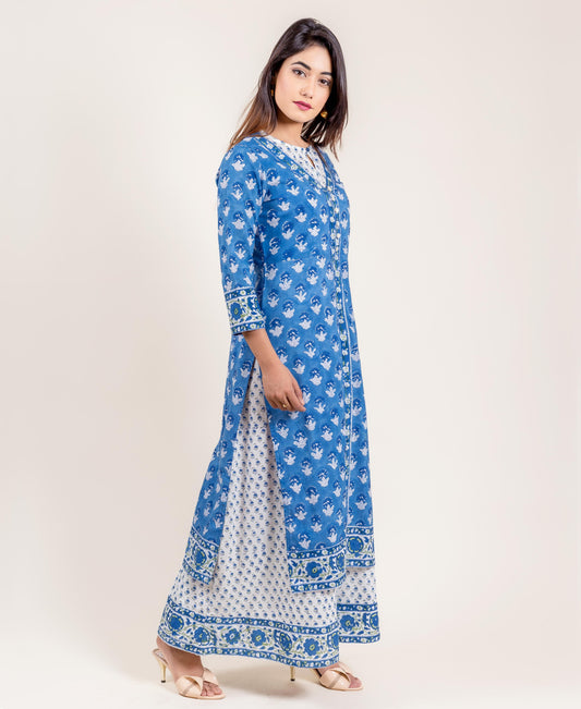 Blue And White Cotton Double Layered Long Dress