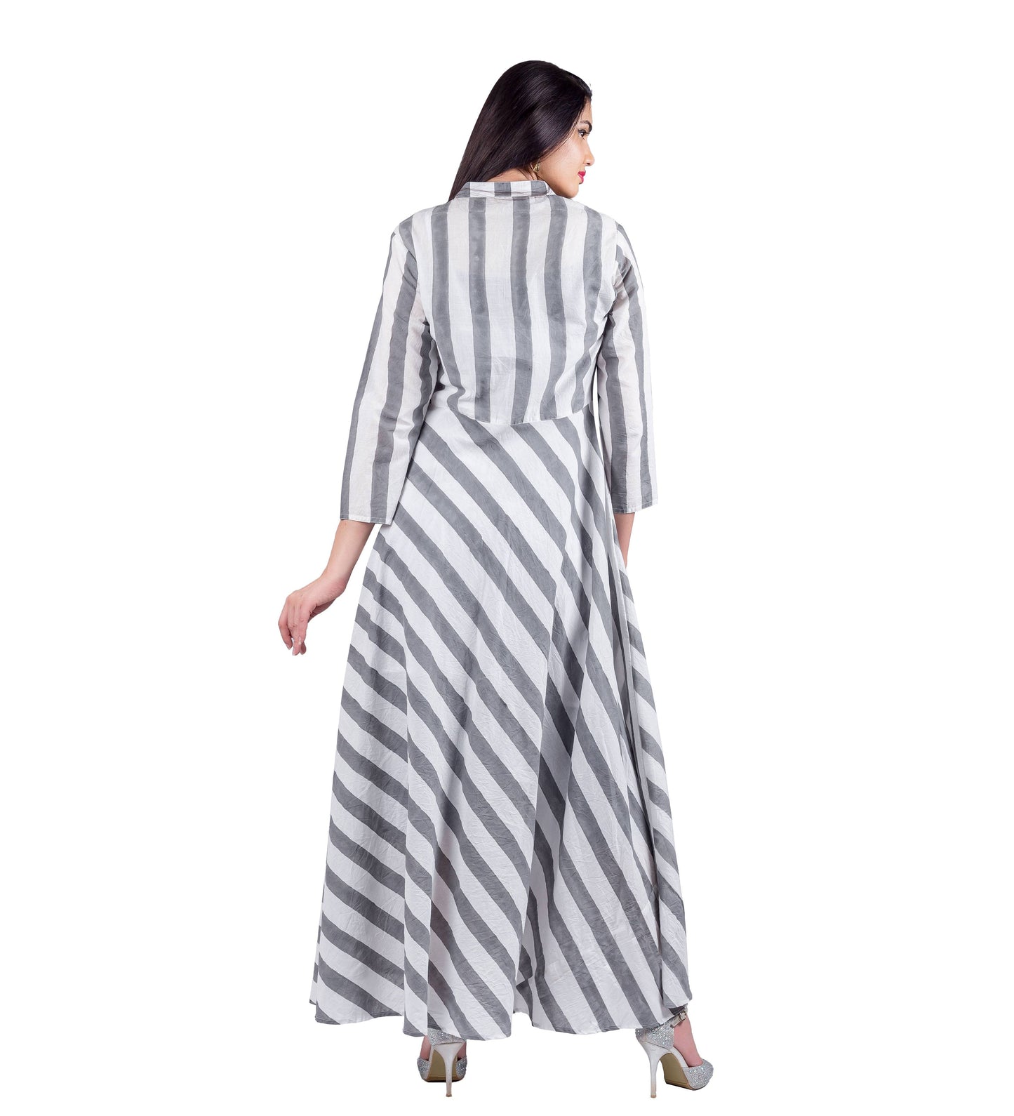 Grey / White Stripe Button Down Indo Western Jacket Dress