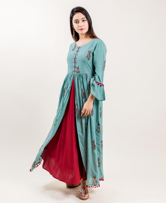 Rayon Double Layered Front Slit Indo Western Long Dress