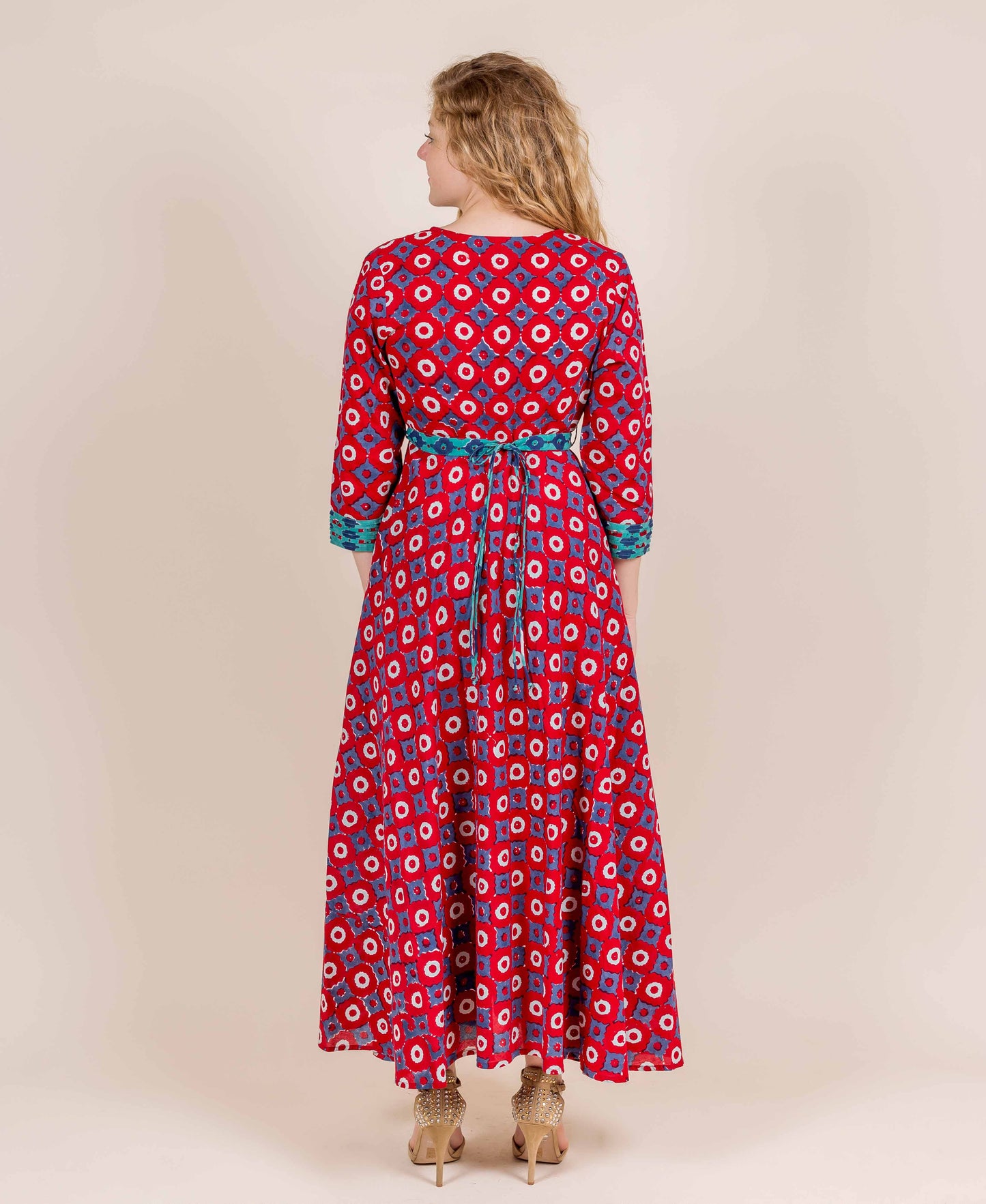 Red / Blue / Aqua Hand Block Print Indo Western Dress
