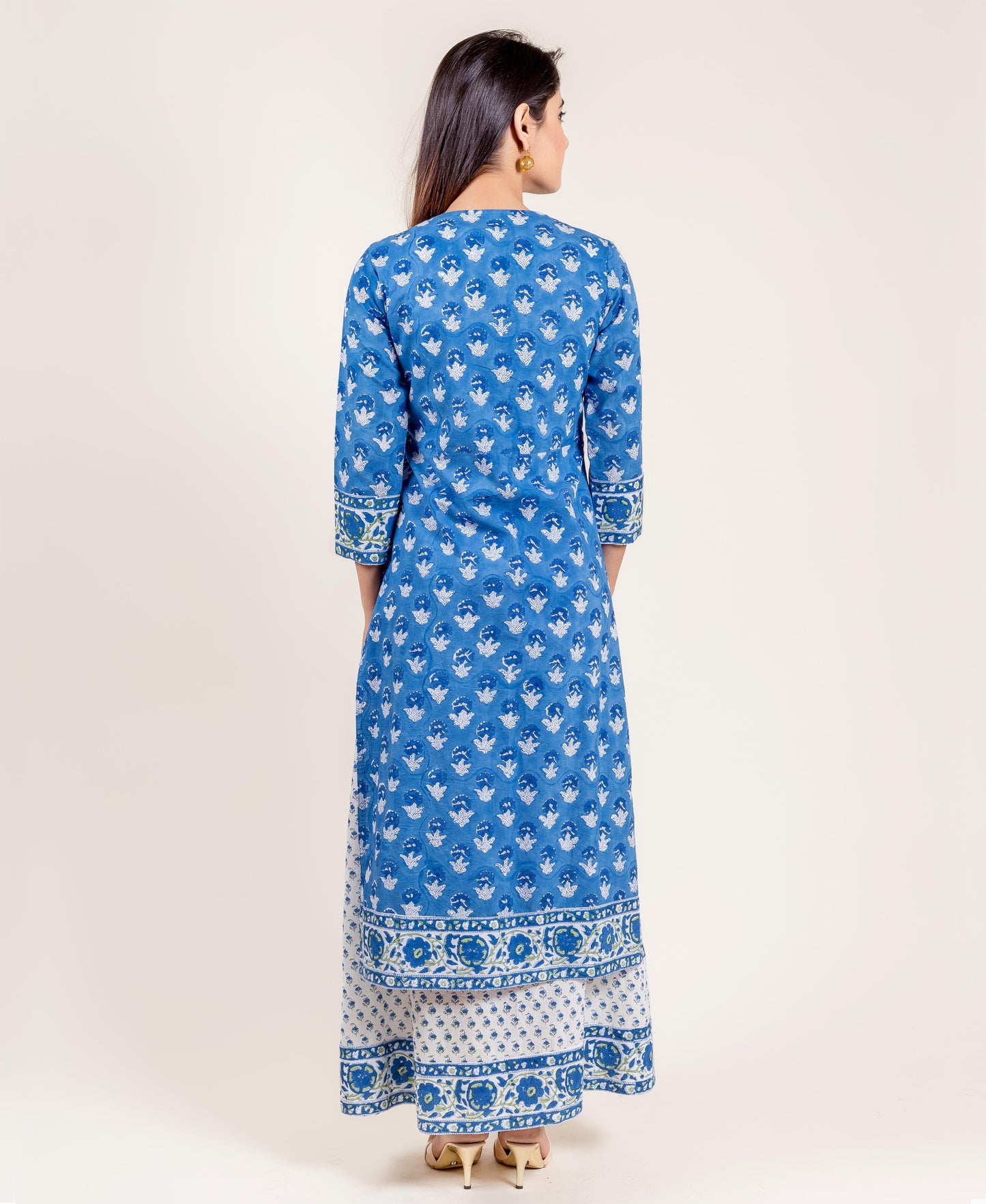 Blue And White Cotton Double Layered Long Dress