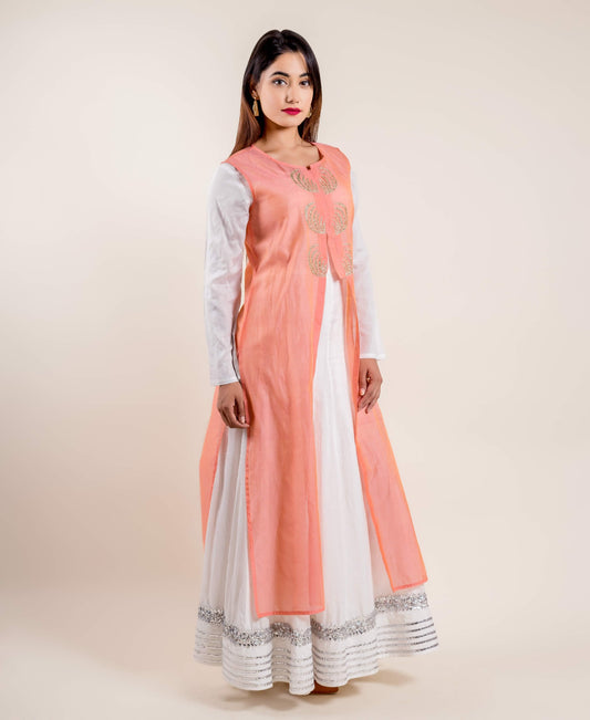 White Indo Western Dress with Peach Chanderi Jacket