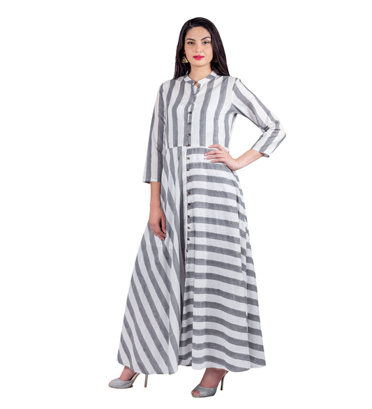 Grey / White Stripe Button Down Indo Western Jacket Dress