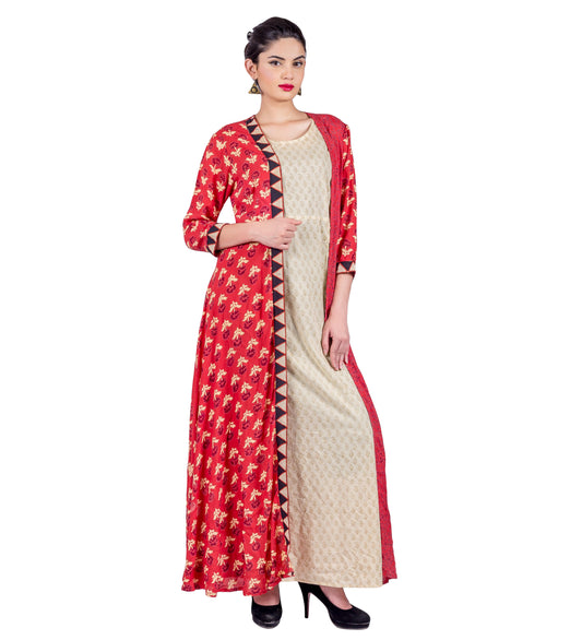 Rust Hand Block Printed Long Jacket Dress with Beige Inner