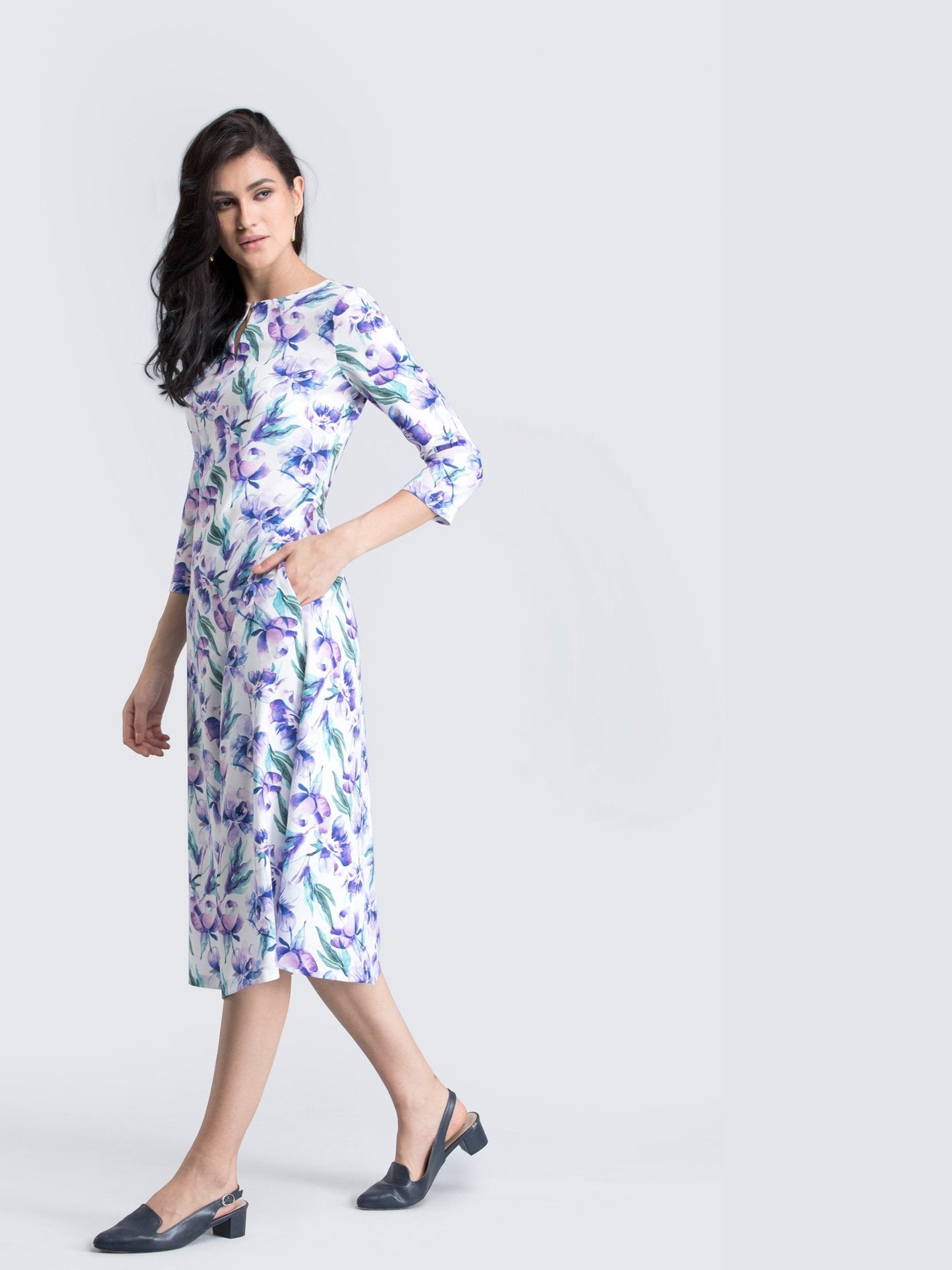 Keyhole Neck Floral A Line Midi Dress - Purple