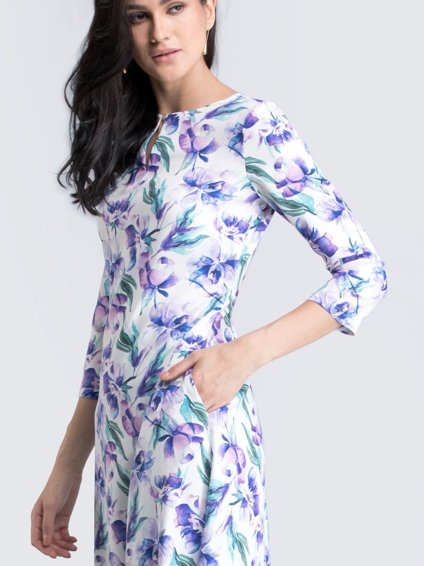 Keyhole Neck Floral A Line Midi Dress - Purple