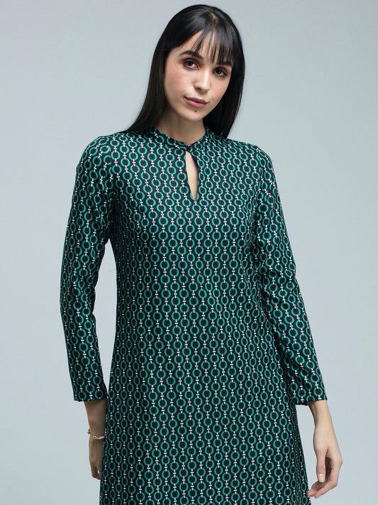 Keyhole Neck Geometric Print Dress - Black and Green