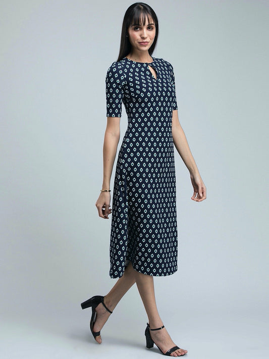 Keyhole Neck Printed A Line Dress - Navy and White