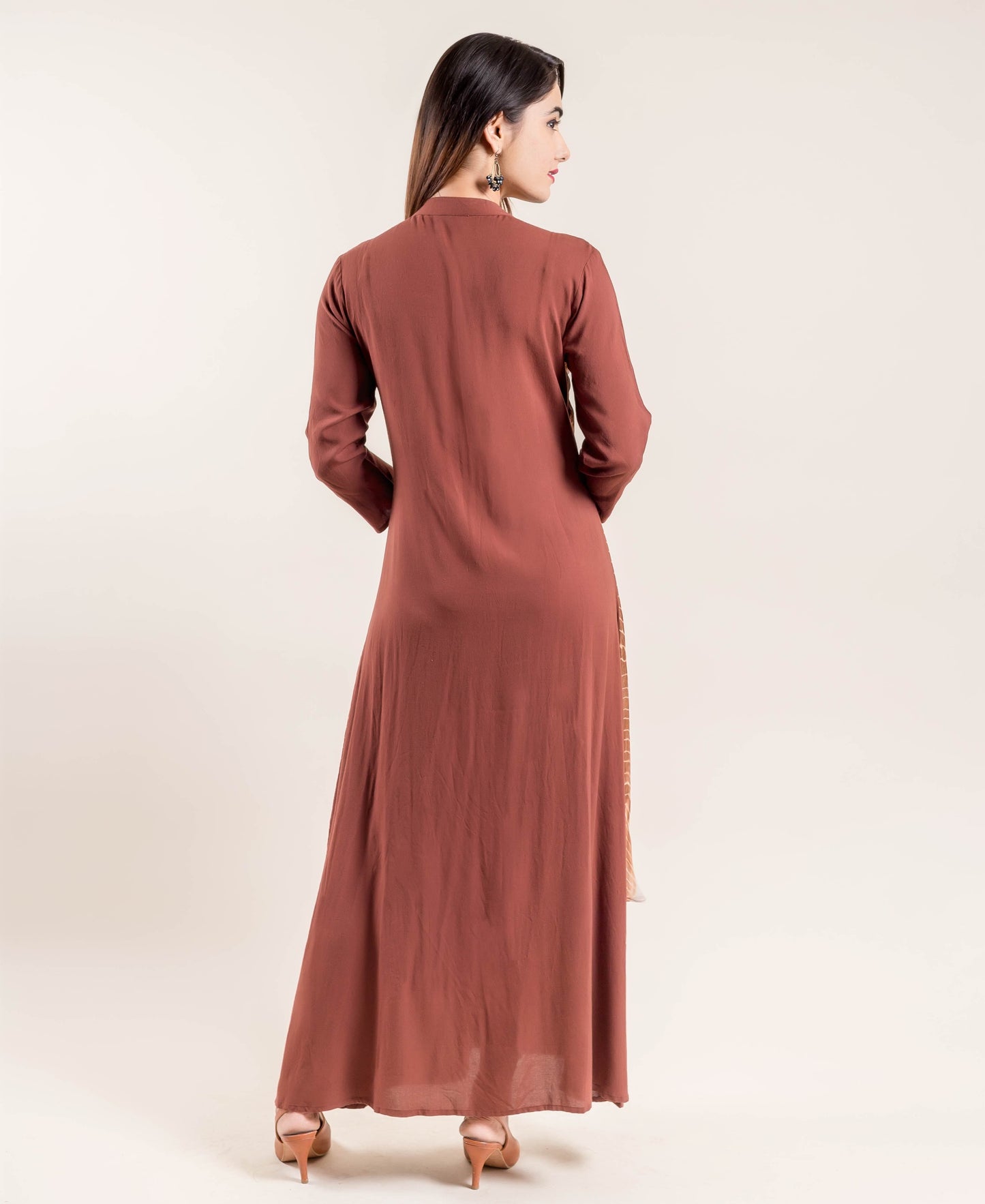 Solid Brown Indo Western Gown with Attached Tie & Dye Shrug