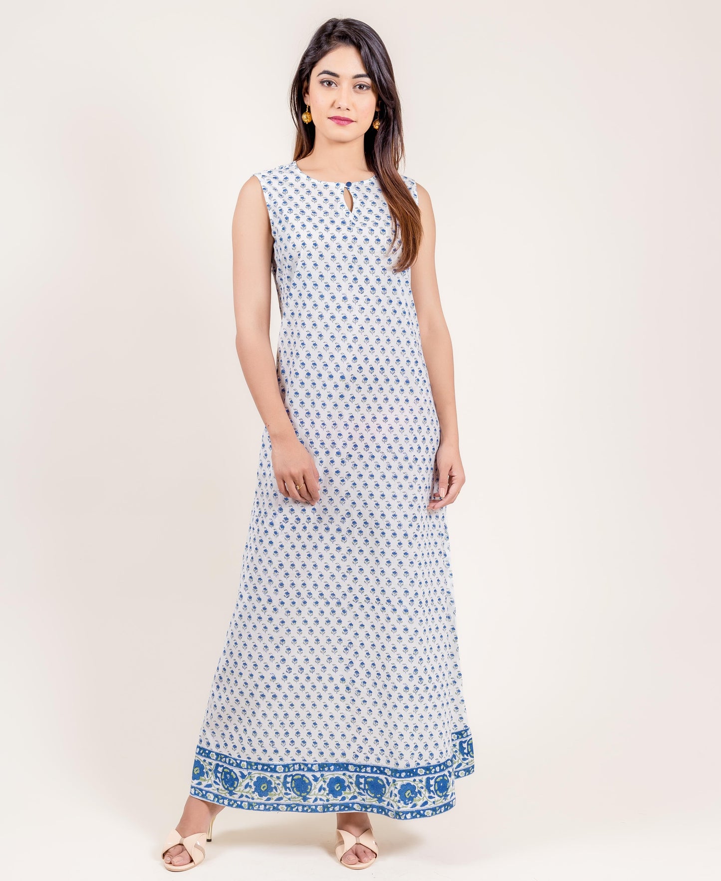 Blue And White Cotton Double Layered Long Dress
