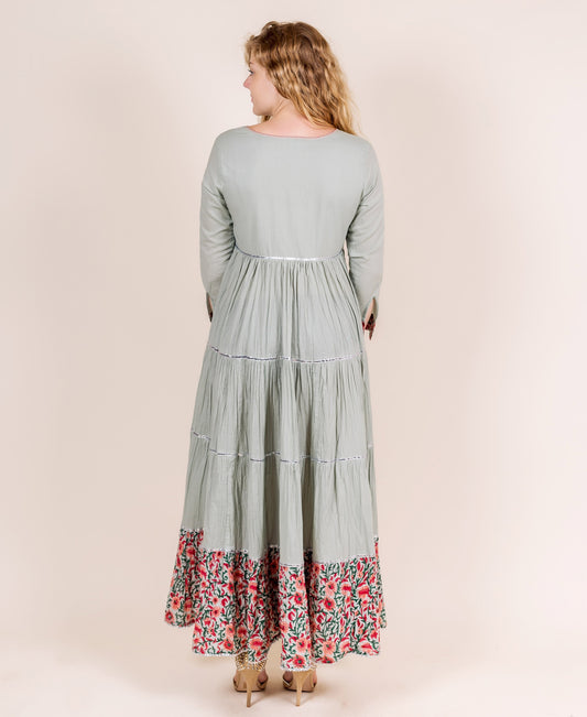 3/4 Sleeves Dusty Mint Hand Block Printed Indo Western Dress