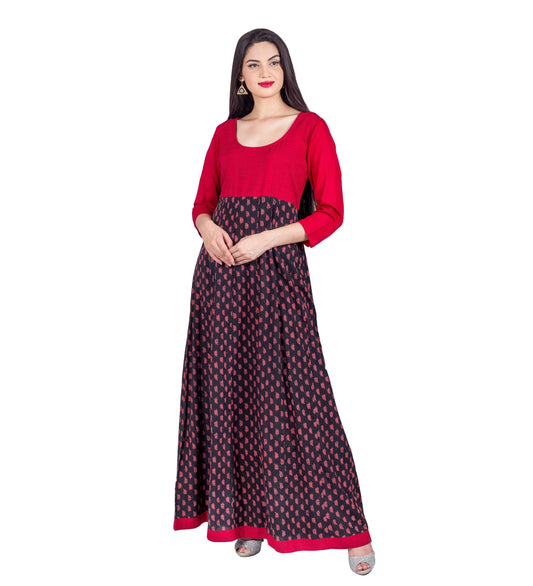 Red / Black Hand Block Printed Long Indo Western Dress with Pintuck Embroidery