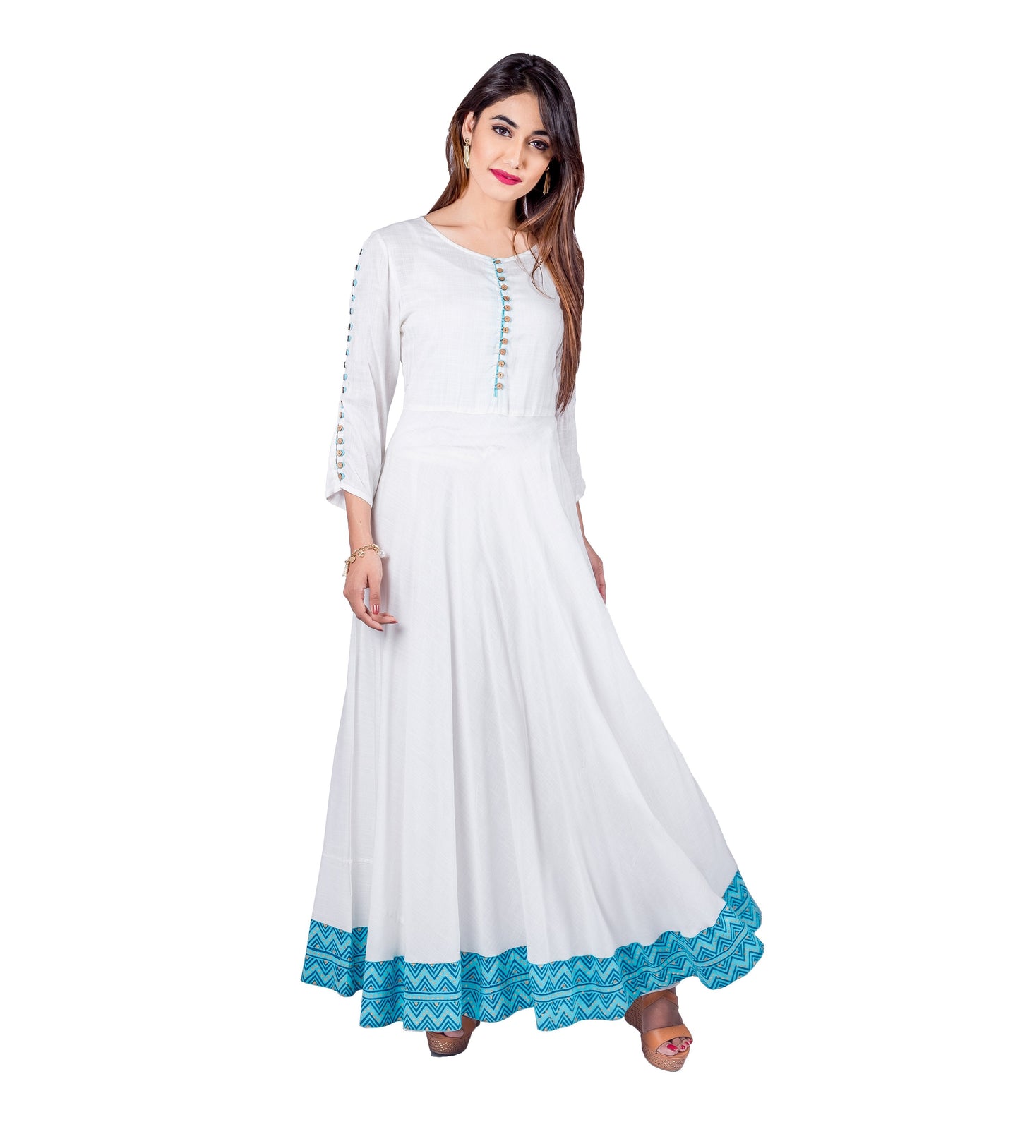 Aqua / White Hand Block Print Indo Western Maxi Dress with Jacket Waterfall Shrug