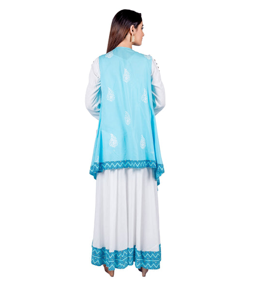 Aqua / White Hand Block Print Indo Western Maxi Dress with Jacket Waterfall Shrug