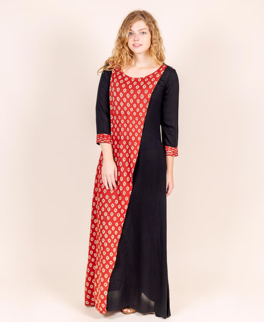 Scoop Neck Hand Block Printed Floor Length Wrapper Dress