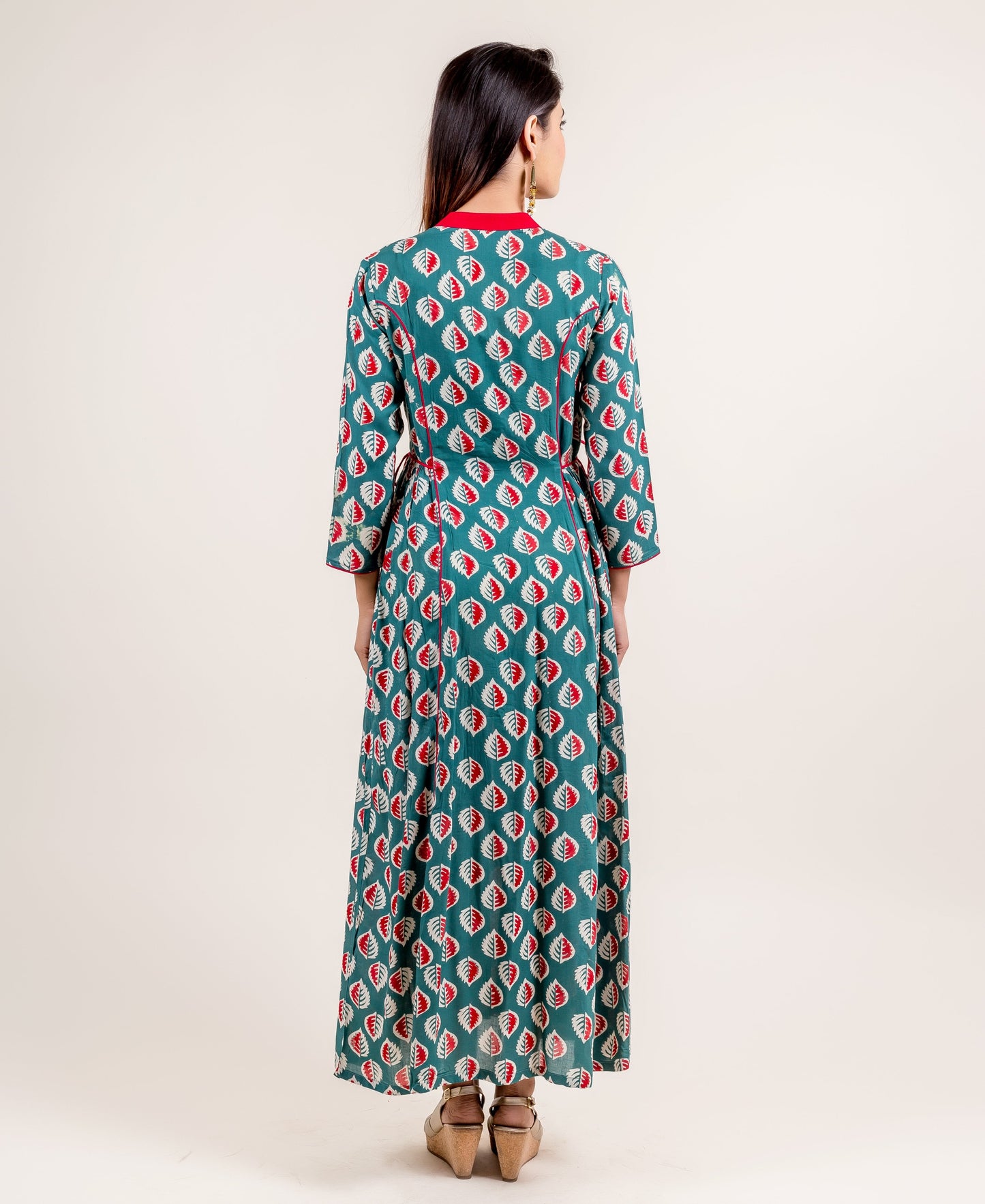 Dazzling Tasseled Front Open Block Printed Long Designer Dress