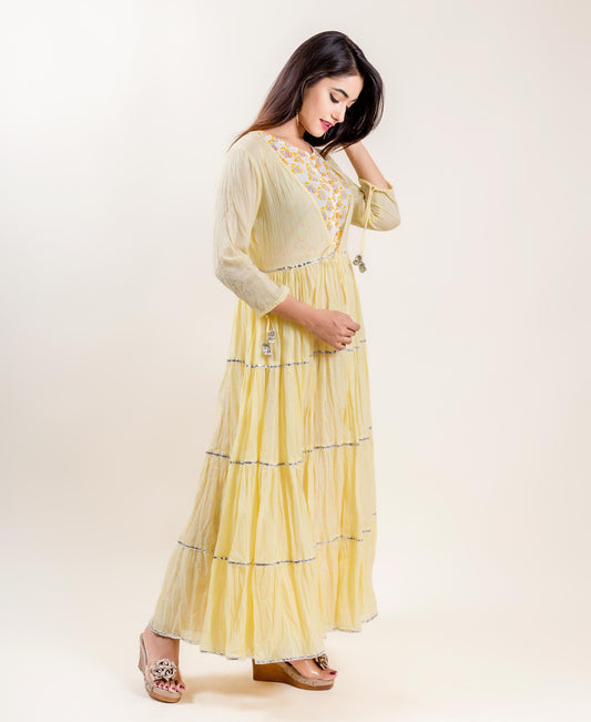 Cotton Hand Block Printed Lemon Long Designer Tiered Dress