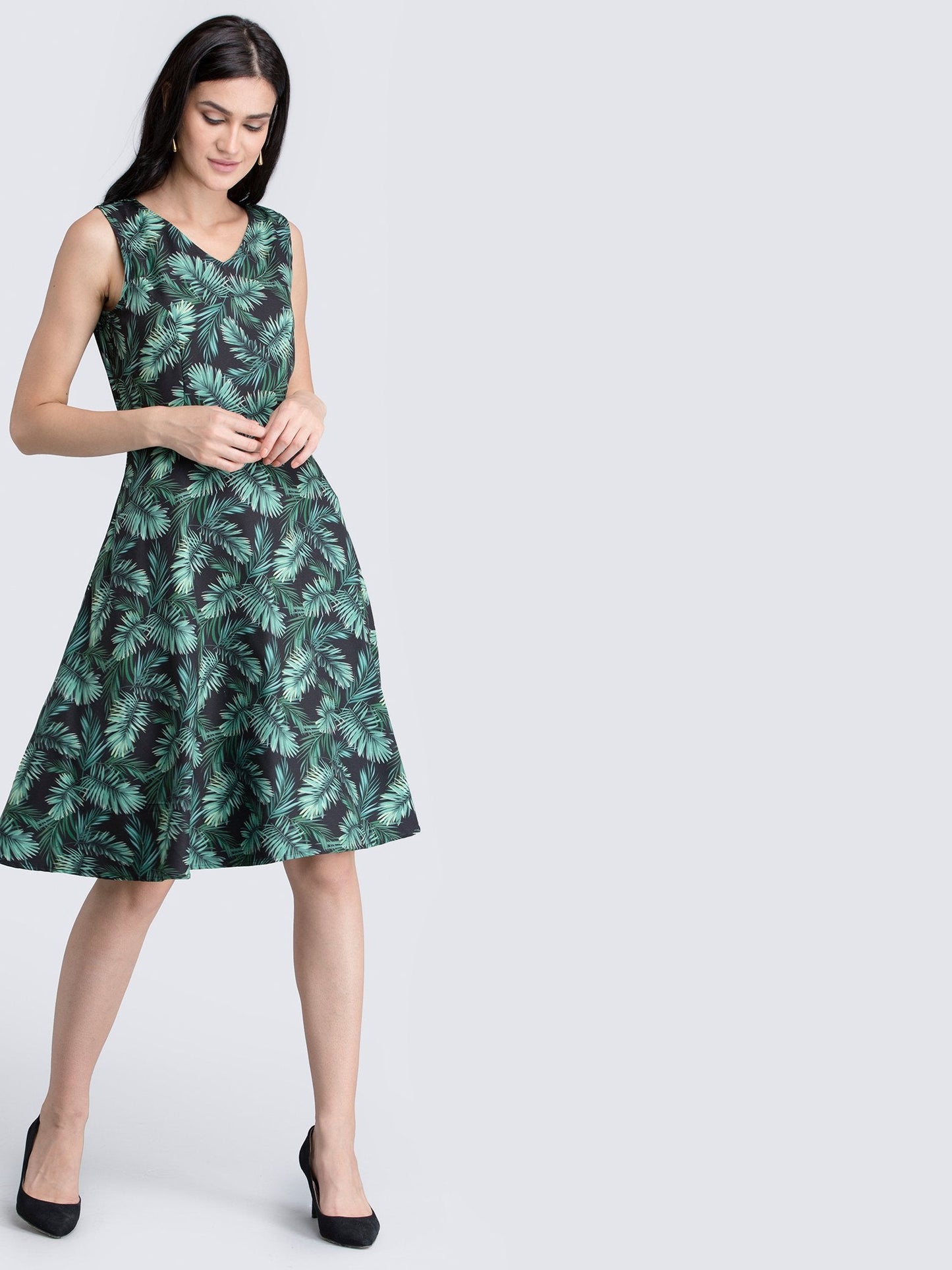 Leaf Print Fit & Flare Dress - Green